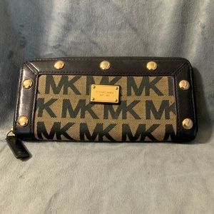 Michael Kors Black and Gold Studded Leather and Fabric Wallet